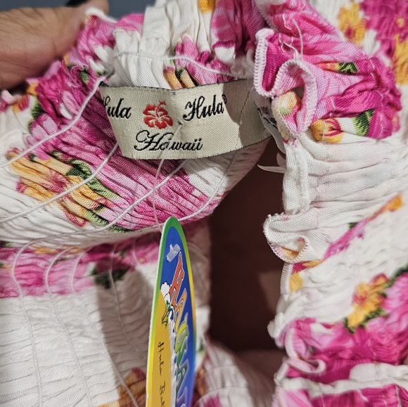 Nwt HULA HULA Hawaiian White Floral Smock Handkerchief Hem Mini Dress OSFM - Picture 8 of 10